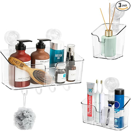 Clear Shower Caddy Suction Cup Shelf Organizer with Hooks Removable Shower Basket Light Luxury Style Punch-Free Dorm Wall Storage Rack for Kitchen Bathroom Set of 3