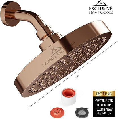 Rainfall Shower Head - 6" High Pressure Shower Heads - 1.8 GPM Shower Heads with Anti-Clog 90 Rubber Jets - 360° Rotation Adjustable Shower Head - Rustproof Bathroom Shower Head - Rose Gold
