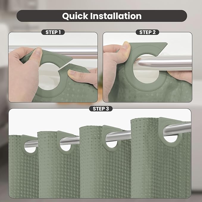 Inhousolu No Hook Waffle Weave Shower Curtain with Removable Snap in Fabric Liner Set for Bathroom, 230 GSM Heavy Duty Weighted Hem, Water Repellent Washable Bath Curtains, 72 x 72 Inch, Sage Green