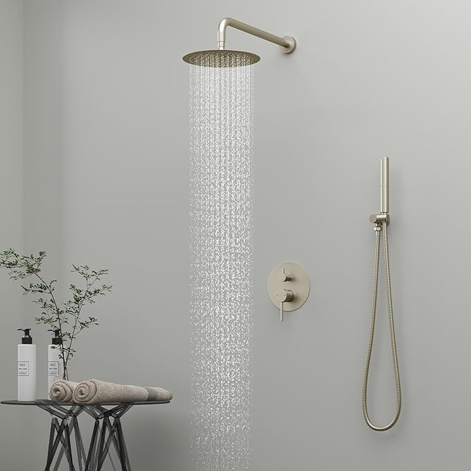 BESy Shower System with 10 Inch Round Rain Shower Head and Handheld Wall Mounted, High Pressure Rainfall Shower Faucet Fixture Combo Set with 2 in 1 Handheld Showerhead for Bathroom, Brushed Nickel