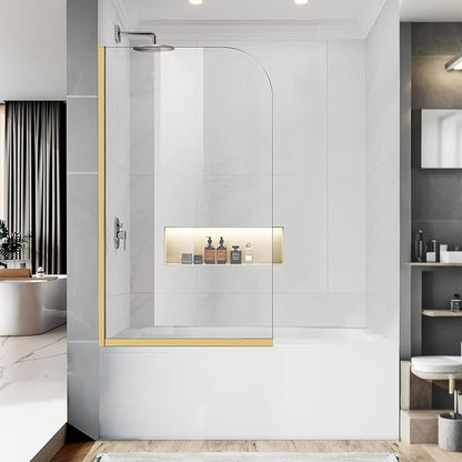 Bathtub Shower Glass Panel, 34" W X 58" H Tub Shower Door Fixed Glass Doors in Brushed Gold with 1/4"(6mm) Clear Tempered Door, Simple Shower Door Panel Easy to Install for Bathroom