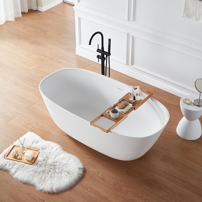 Cpingao 71" Stone Resin Freestanding Bathtub, Solid Surface Soaking Tubs, Stand Alone Tub with Pop-up Drain and Overflow, Matte White 8823A-1800