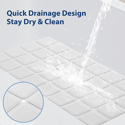 Silicone Bath Mat with Suction Cups – Non-Slip Foldable Bathtub & Shower Mat, Durable & Quick-Dry Safety Tub Mat with Large Drain Holes for Families 28"x 14" White