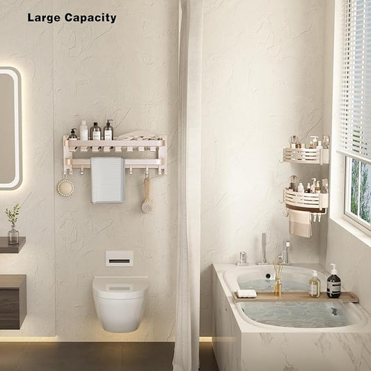 VOLPONE Corner Shower Caddy Suction Cup Shower Shelf Corner No Drilling Bathroom Shower Organizer Storage Rack Adhesive with Towel Bar Hooks(3-Pack, Ivory)