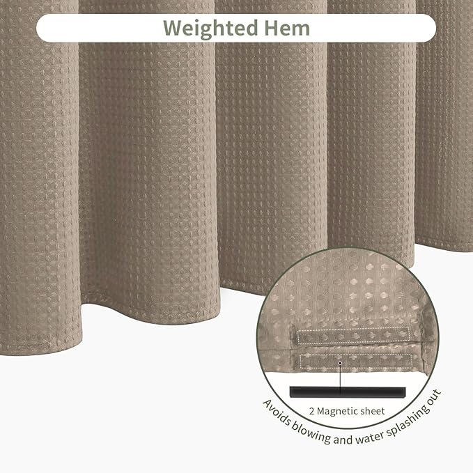 Inhousolu Fabric Shower Curtain Waffle Weave, 230 GSM Heavy Duty, Weighted Hem, 12 Metal Hooks, Water Repellent, Machine Washable, Hotel Spa Luxury Bath Curtain Set, 60 x 72 Inch, Beige