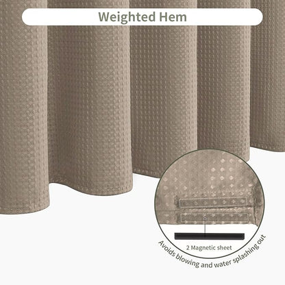 Inhousolu Fabric Shower Curtain Waffle Weave, 230 GSM Heavy Duty, Weighted Hem, 14 Metal Hooks, Water Repellent, Machine Washable, Hotel Spa Luxury Bath Curtain Set, 72 x 78 Inch, Beige