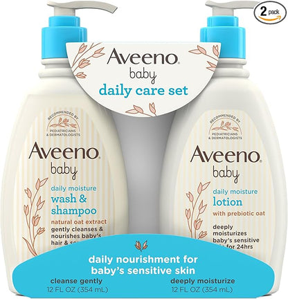 Aveeno Baby Daily Care Gift Set with Oat Extract & Prebiotic Oat, Contains Daily Moisturizing Body Lotion & Gentle 2-in-1 Baby Bath Wash & Shampoo, Hypoallergenic & Paraben-Free, Two Pack