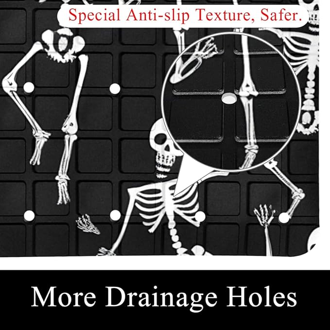 Bath Tub and Shower Mats, Non Slip Bathmat with Drain Holes and Suction Cups for Bathroom Floor, 15.1 x 26.8 Inch (Halloween Dancing Skeletons Cartoon Style)