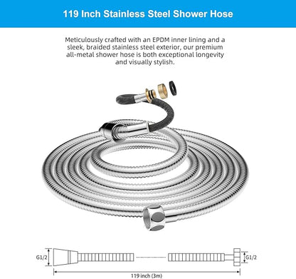 Hibbent All Metal Shower Hose, 119 Inch Stainless Steel Extra Long Shower Hose Replacement, Brass Insert & Nut, Anti-Twist Handheld Shower Head Hose Extension, Flexible Shower Hose Attachment, Chrome
