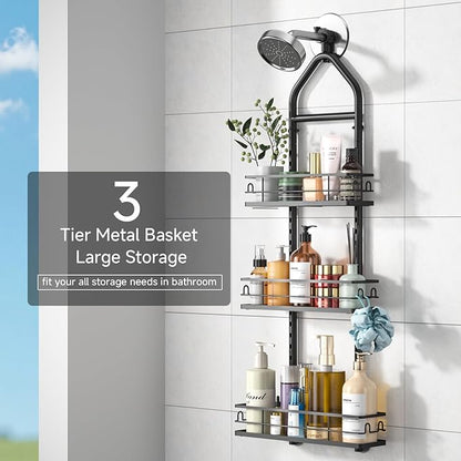 3 Tier Hanging Shower Head Caddy, Adjustable Hanging Shower Caddy Over Showerhead, No Drilling Handing Racks Rustproof for Bathroom Shampoo Soap Storage