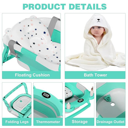 MoreFeel Collapsible Baby Bathtub for Newborn with Thermometer & 1 Hooded Towel & 1 Soft Floating Cushion,Portable Travel Bathtub with Drain Hole, Durable Foldable Baby Tubs for Infants to Toddler