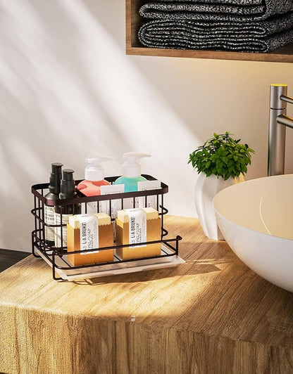 HapiRm Multifunctional Kitchen Sink Caddy with Removable Drain Tray, Quick Draining Rustproof Sink Organizer, Stainless Steel Kitchen Sponge Holder for Sponge, Cleaning Towel and Scrubber-Bronze