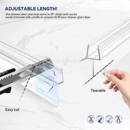 2-Pack Frameless Shower Door Bottom Seal (3/8" X 39") Clear Glass Seal Strip Shower Door Sweep - Stop Shower Leaks