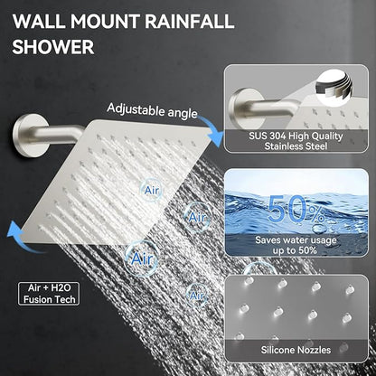 Brushed Nickel Shower System with Jets,Bostingner 4 Way Shower Faucet Set with 2 in1 Handheld,Ceiling Mount 12"+6" Rain Shower Head Wall Mounted, 4 Body Spray Jets Dual Head Shower Set