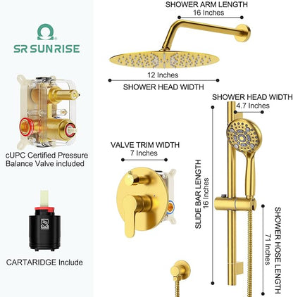 SR SUN RISE 12 Inch Brushed Gold Shower System, Wall-Mount Adjustable 16-Inch Slide Bar with 6-Function Hand Shower Faucet Included Valve and Trim Kit