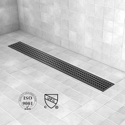 Offset Linear Shower Drain, Matte Black Shower Drain 60 inch with Removable Grate Cover, Brushed 304 Stainless Steel Side Outlet Black Shower Floor Drain with Hair Catcher and Leveling Feet