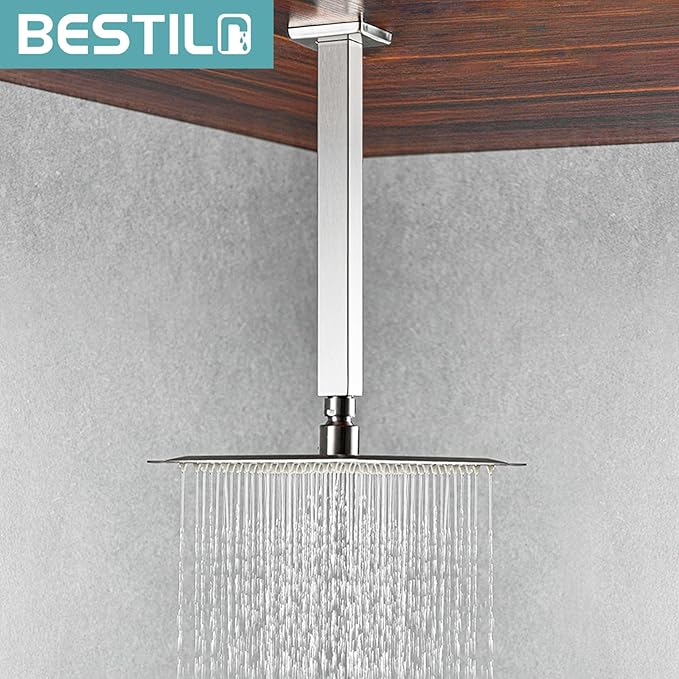 BESTILL 10 Inch Brushed Nickel Ceiling Mount Shower Arm and Flange, Square Rain Shower Arm