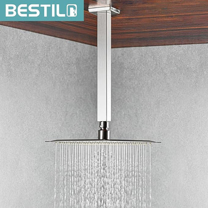 BESTILL 10 Inch Brushed Nickel Ceiling Mount Shower Arm and Flange, Square Rain Shower Arm