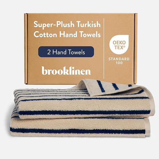 Brooklinen Super-Plush Turkish Cotton Hand Towels - Set of 2 - Cotton, 820 GSM, Highly Absorbent, Machine Washable, Perfect for Home & Bathroom (20" x 30", Striped Navy)