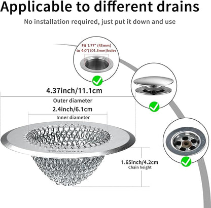 TRAPMATE 2 Pack Bathroom Sink Drain Strainer, 4.4" Fast Drainage Shower Drain Hair Catcher, Anti-Slip Bathtub Drain Hair Catcher, Stainless Steel Shower Drain Cover for Tub, Sink (Patented Product)