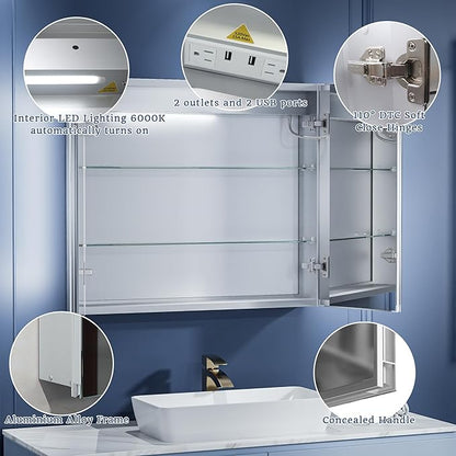 ExBrite LED Lighted Bathroom Medicine Cabinet with Mirror, 30 x 26 Inch, Recessed or Surface Mount, Anti-Fog, Stepless Dimming, Color Temperature Change, Built-in 6000K Sensor Light, Storage Shelves