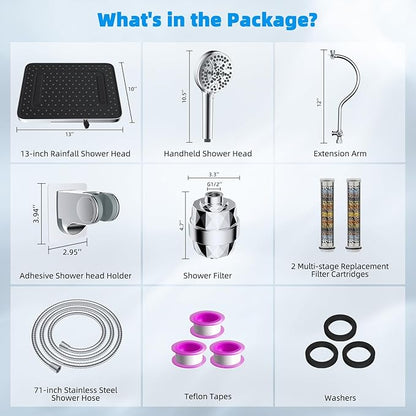 Hibbent Upgraded 5-spray 13'' Dual Filtered Rainfall Shower Head Combo, High Pressure 10-setting Handheld Shower Head with 12'' Adjustable Extension Arm, 20 Stage Shower Filter, 71'' Hose, Chrome