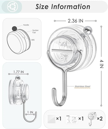 Suction Cup Hooks for Shower, Upgrade Twist-Lock Clear Suction Towel Hooks Heavy Duty Removable Bathroom Suction Hooks for Shower Tile Wall Glass Door Window 2 Pack