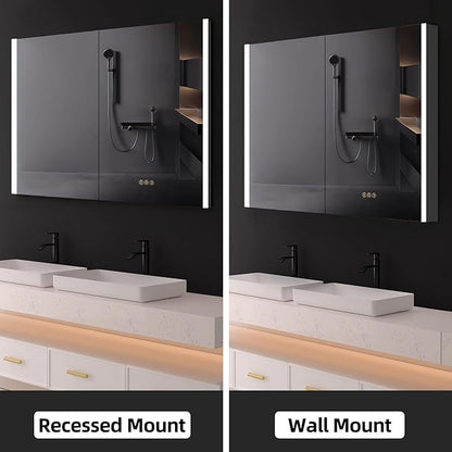 Medicine Cabinet with LED Lights and Mirror, 36 x 32 Inch Surface or Recessed Mounted Bathroom Cabinets with Door, Defogger, Memory Function, 3-Color Mode, Outlet&USB, Dimmer, Storage Shelf