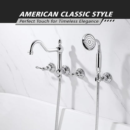 SUMERAIN Vintage Wall Mounted Bathtub Faucet with Hand Shower, High Flow Tub Filler Chrome Finish, Rough-in Valve Included