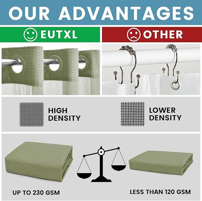 Sage Green Long Hotel Shower Curtain - 230GSM Waffle Textured Heavy Duty Thick Fabric Shower Curtains for Bathroom,71W x 86H