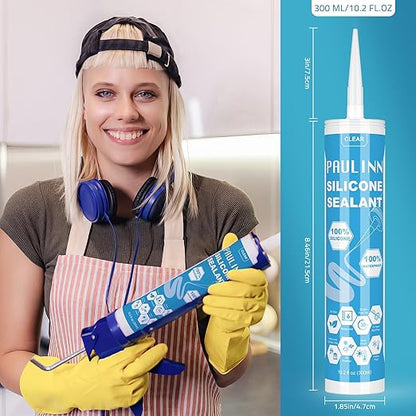 PAULINN Silicone Sealant, 100% Silicone Caulk Clear Waterproof for RV, Kitchen, Bath, General Use, Window, Door, Glass, Marine, 10.2 Oz, 1 Pack