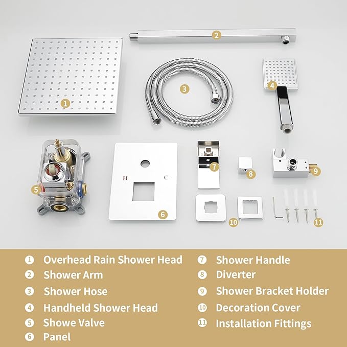 BWE Chrome Shower Faucet Set,Rainfall Shower Head with Handheld Shower,Two Functions Bathroom Luxury Shower Combo Set,Wall Mounted Shower System with Brass Rough-in Valve and Trim Kit