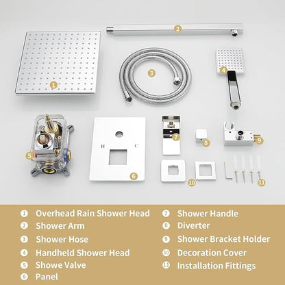 BWE Chrome Shower Faucet Set,Rainfall Shower Head with Handheld Shower,Two Functions Bathroom Luxury Shower Combo Set,Wall Mounted Shower System with Brass Rough-in Valve and Trim Kit