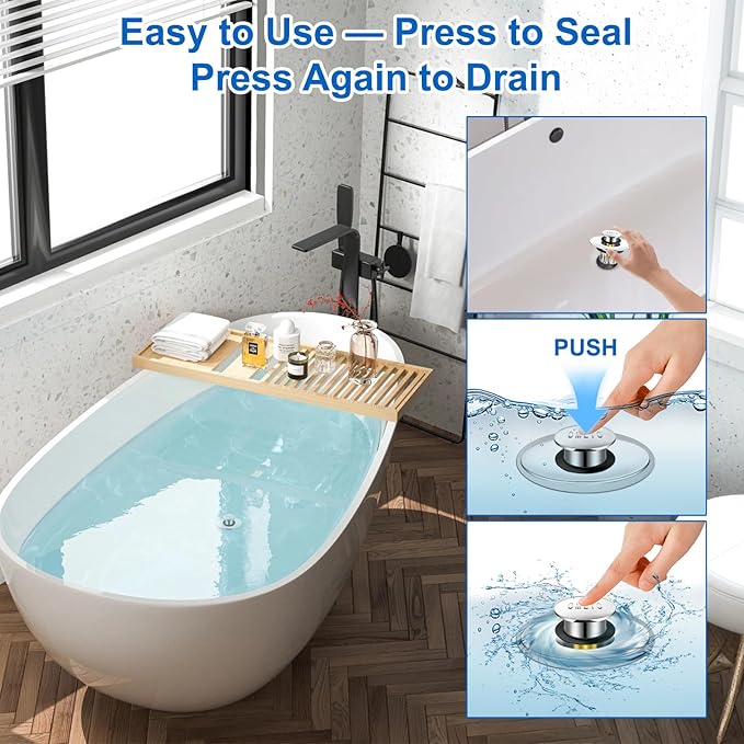 Bathtub Drain Stopper, Pop-Up Tub Stopper with Drain Hair Catcher, Bathtub Plug and Cover with Strainer for 1.5 to 1.8in Tub Drain Hole, Easy to Use