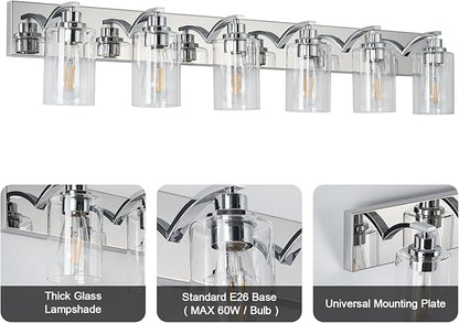 6-Light Bathroom Light Fixtures Modern Chrome Vanity Lights for Bathroom Lighting Fixtures Over Mirror with Clear Glass Shade for Cabinet Mirror Bedroom Hallway