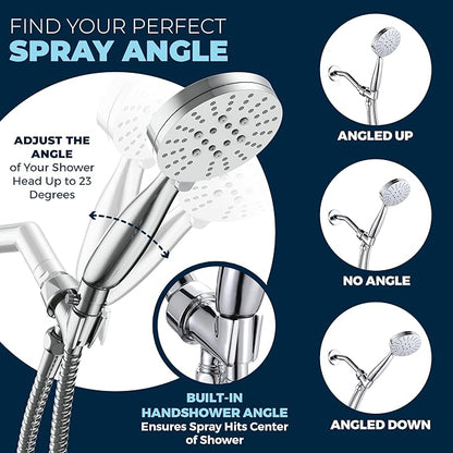 HammerHead Showers® Solid Metal 3-Spray Handheld Shower Head with Extra Long Hose and Shutoff Valve – Chrome - Perfect Dog Shower Head Attachment with 3 High Pressure Sprays - 2.5 GPM