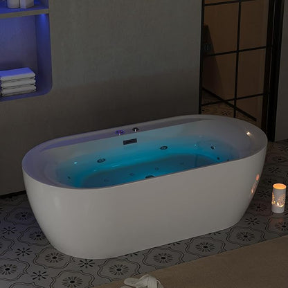 Acrylic Freestanding Bathtubs 71 inch Massage and Air Bubble Jets – Glossy White Soaking Bathtub, Free Standing Bathtub with Heater and Digital Panel, Stand Alone Tub Bathtubs for Bathroom