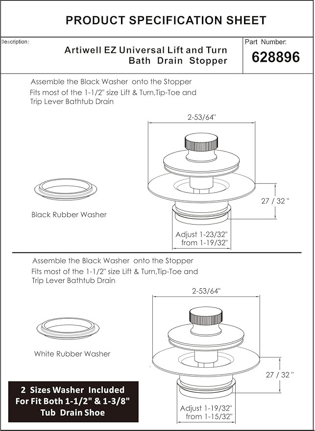 Artiwell Universal Lift and Turn Bath Drain Stopper and Cover, Bathtub Drain Stopper, Replaces Lift and Turn, Tip-Toe and Trip Lever drains for Tub, EZ Installation and Clearing (Oil Rubbed Bronze)