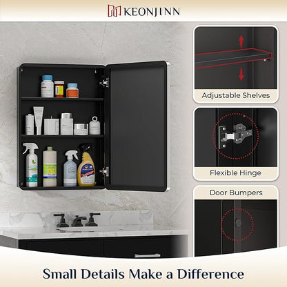 Keonjinn 20 x 32 Inch Chrome Medicine Cabinets for Bathroom with Mirror Adjustable Shelves Stainless Steel Framed Rounded Rectangle Single Door Surface Wall Mounted Silver Bathroom Storage Cabinet