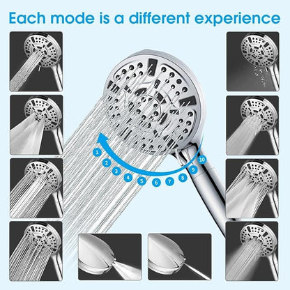 High Pressure10-mode Handheld Shower Head - Anti Clogging Nozzles, Removable Shower Head for Cleaning Tubs and Pets, Includes 5ft Stainless Steel Hose, ShowerHead with Wall Mounting Bracket