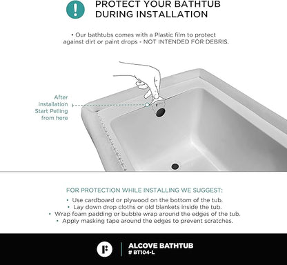 Fine Fixtures Drop In White Soaking Bathtub, Fiberglass Acrylic Material, 60"L x 32"W x 19"H