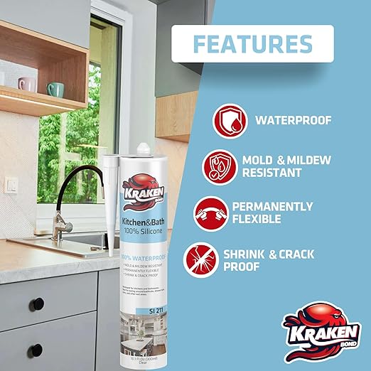 Kraken Bond Premium Kitchen and Bathroom Silicone Caulk Clear - (24x10.1 fl.oz) RTV Clear Silicone Sealant Waterproof for Kitchen, Bathroom, Shower, Sink, Anti Shrink 100% Silicone Caulking | 24 Pack