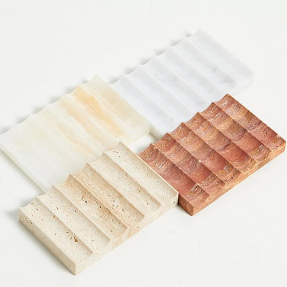 Luxurious Marble Soap Dish Jewelry Ring Tray - Rectangle Stone Soap Tray & Saver for Shower – Self Draining Soap Holder for Bathroom, Kitchen, White Onyx