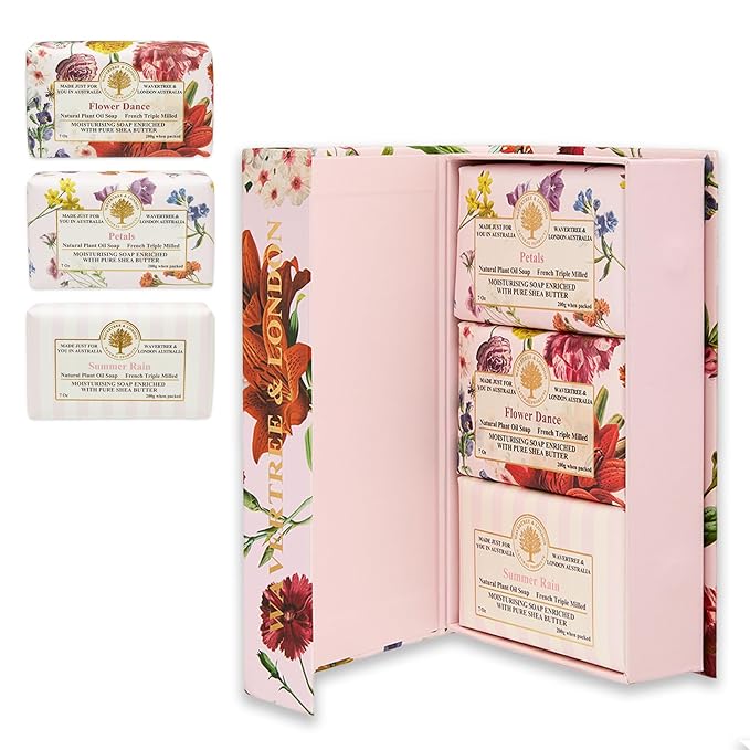 Wavertree & London Natural Soap Bars Gift Set (Set of 3), Assorted Floral Scented Bar Soap Gift Box for Women & Men, Moisturizing & Pure Triple Milled Luxury Bath Soap Bars enriched with Shea Butter