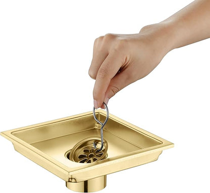 4 Inch Square Shower Floor Drain, Brushed Nickel High Flow Shower Drain Kit with Flange with Hair Filter, Removable Grate Cover, Stainless Steel, Abs Fixing Tray, CUPC Certified (Brushed Gold)