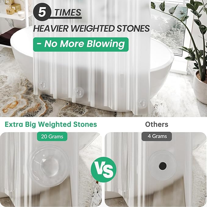 AmazerBath Long Stall Shower Curtain 60x84 Inches, Premium PEVA Heavy Duty Clear Shower Curtain, Waterproof Thick Bathroom Curtain with 3 Big Weighted Stones and 10 Rustproof Grommet Holes