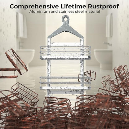 Orimade Aluminum Hanging Shower Caddy Over Head, Adjustable Bathroom Shelf with Hooks, Anti-Slip Rustproof Organizer Storage Rack Basket, Silver, 2 Tier