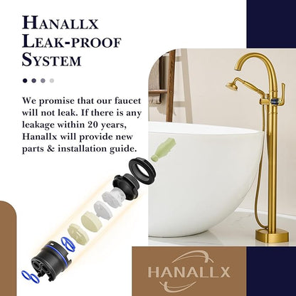 Free Standing Tub Faucet, Hanallx Luxury Brushed Gold Freestanding Bathtub Faucet with Sprayer, Premium Brass High Flow Rate Floor Mount Tub Filler Swivel Spout, Roman Tub Faucet Set（HM88011-BG）