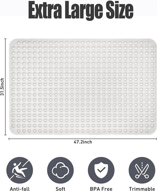 Extra Large Shower Mat, Yonala 47.2 x 31.5 Inch Non Slip Shower Mats for Inside Shower with Drain Hole and Suction Cups, Soft Trimmable TPE Anti Slip Shower Mat for Walk in Shower Stall, Heavy Mat