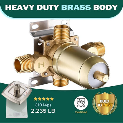 Brushed Gold Shower Mixer Valve 2 Way Diverter, Dual-Function Pressure Balance Shower Control Brass Rough-In 1/2" NPT Connection with Single Handle Shower Trim Kit